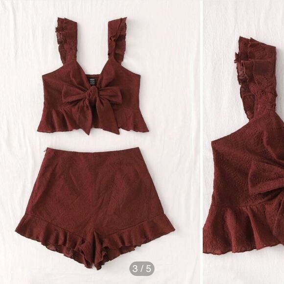 Eyelet Embroidery Ruffle Trim Knot Front Cami Top & Shorts Set SZ 4 chocolate - Picture 2 of 14